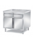 TAVOLO ARMADIATO INOX AISI 304 CON 2 ANTE A BATTENTE E 2 CASSETTI, ANGOLO RAGGIATO SU 1 FRONTE - CM. 100X80X87H