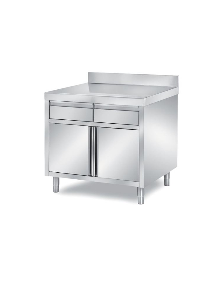 TAVOLO ARMADIATO INOX AISI 304 CON 2 ANTE A BATTENTE E 2 CASSETTI, CON  ALZATINA, ANGOLO RAGGIATO SU 1 FRONTE - CM. 100X80X87H