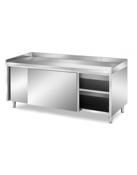 TAVOLO INOX PANETTERIA ARMADIATO CON ANTE SCORREVOLI - CON PIANO E ALZATINE IN INOX - CM. 160X90X85H