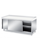 TAVOLO INOX PANETTERIA ARMADIATO CON ANTE SCORREVOLI - CON PIANO E ALZATINE IN POLIETILENE - CM. 200X90X85H