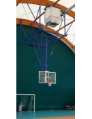 Impianto basket mobile a soffitto, tabellone in legno.