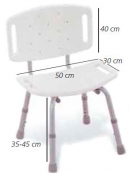 Sedia per doccia in alluminio con seduta e schienale in plastica, altezza regolabile, piedini antiscivolo, portata max 100kg.