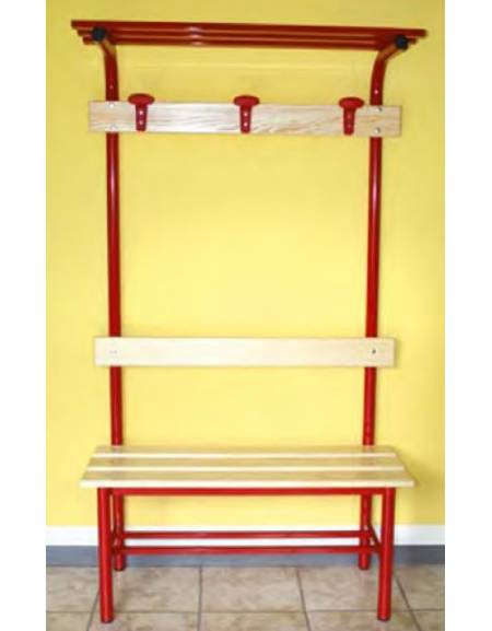 Panchina spogliatoio colore Rosso con schienale, appendiabiti e cappelliera  - Lunghezza cm 100 - Struttura in tubolare d'acciaio