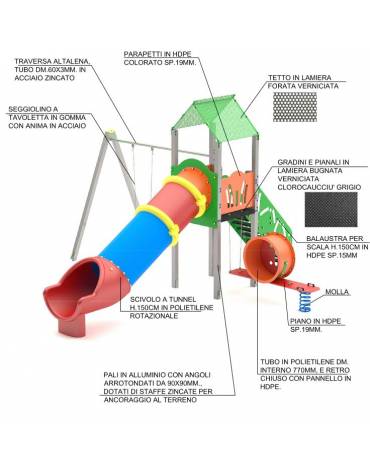 Torre con scivolo a tunnel in polietilene rotazionale, scala e pianale in lamiera - Altalena 1 posto - cm 570x580x360h