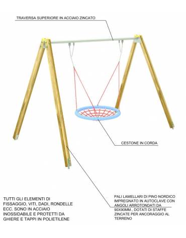 Altalena in legno due posti con 2 seggiolini a tavoletta - cm 323x227x253h