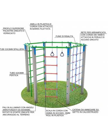 Palestra esagonale multifunzione, 1 scala rete, 1 fune di corda e pertica tubi della spalliera - cm 250x221x202h