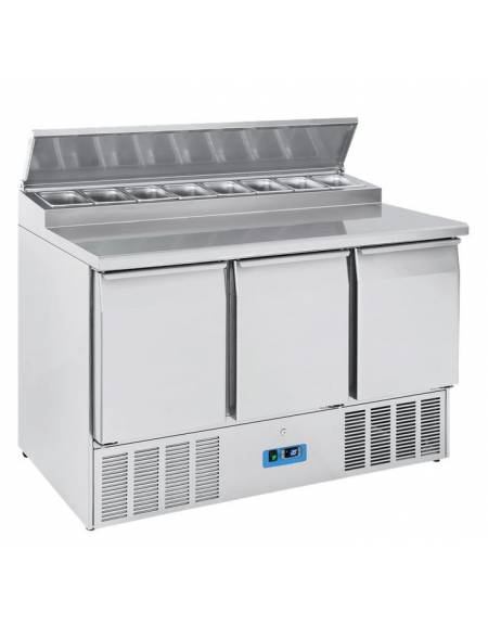 Tavolo saladette refrigerato inox AISI 304, 3 sportelli GN - parte superiore con sportello alzabile - mm 1365x700x1005h