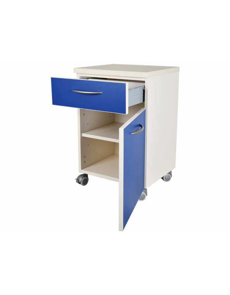 COMODINO IN LEGNO CON RUOTE , CASSETTO ED ANTA COLORE BLU - CM 45x40x75h-  Arredamento ospedaliero/ambulatorio/sanitario - Comodi