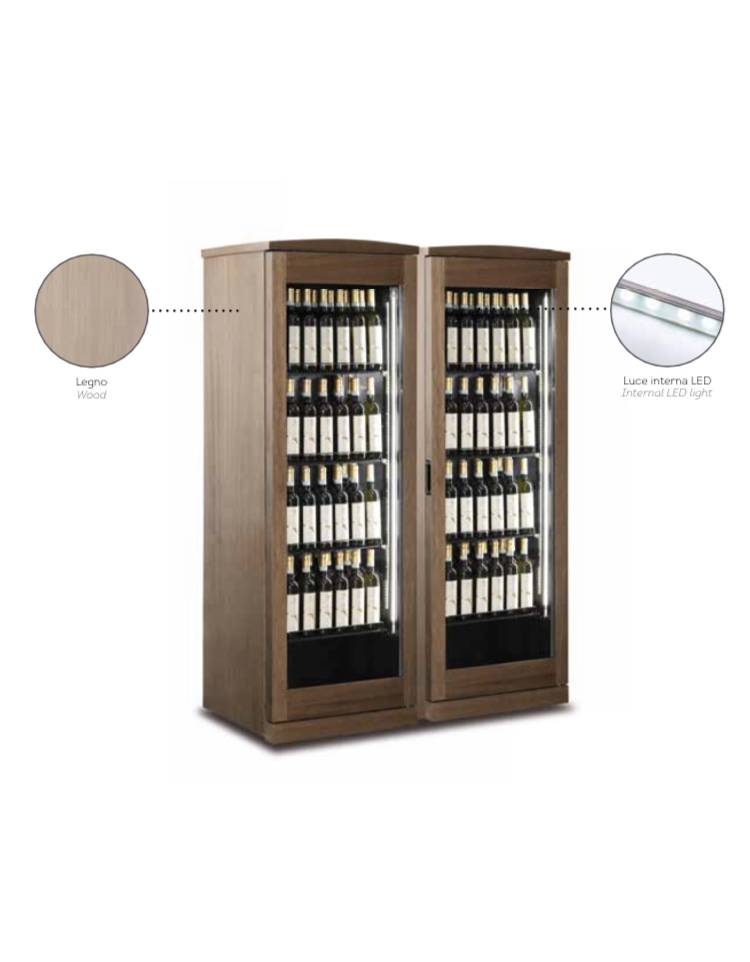 Vetrina per vino refrigerata doppio motore rivestita in legno con  motoventilatore - 376+376 Lt - (+4°+15°C) - cm 135x61,3x188,5h 