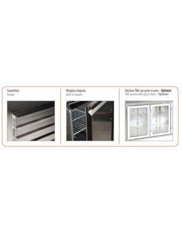 Tavolo refrigerato in acciaio Inox AISI 304 ventilato  - 3 porte - capacità 386 Lt. - temp. -2° +8°C - GN 1/1 - mm 1795x700x860h