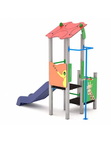 Torre singola baby con tetto, stuttura in alluminio, scivolo in polietilene rotazionale e pannello attività - cm 169x285x287h