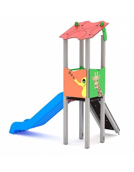 Torre singola con tetto, stuttura in alluminio, scivolo in polietilene rotazionale e pedana arrampicata - cm 192x291x317h