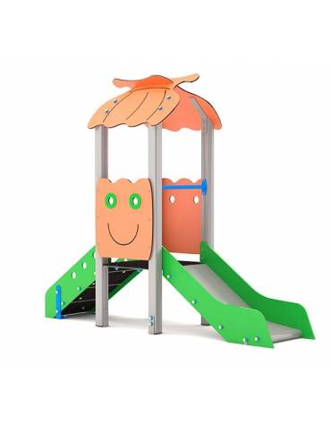 Torre singola baby con tetto, struttura in alluminio, scivolo in polietilene rotazionale e pannello attività - cm 169x285x287h