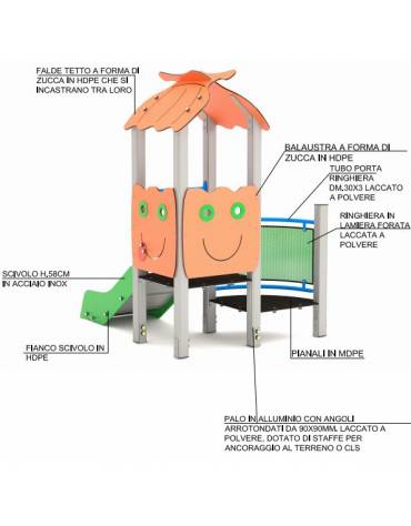 Mini torre singola con tetto, struttura in alluminio, scivolo dritto in acciaio - cm 91x279x232h