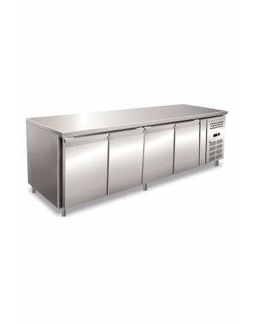 Tavolo refrigerato in acciaio Inox AISI 304 ventilato  - 4 porte - capacità 522 Lt. - temp. -2° +8°C - GN 1/1 - mm 2230x700x860h