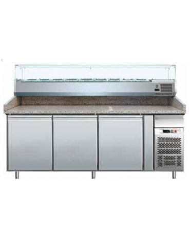 Banco refrigerato pizzeria 3 porte con sovrastruttura refrigerata GN 1/4 - cm 202,5x80x139h