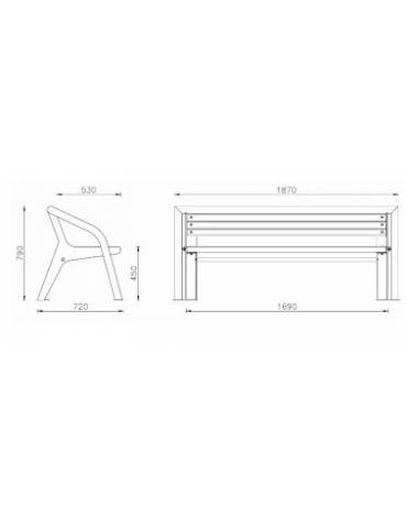 Panchina con seduta in legno di pergio e schienale in legno e e acciaio zincato e verniciato - cm 187x72x79h