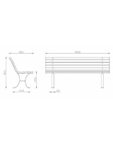 Panchina con schienale, in acciaio zincato e verniciato, con doghe in legno di pregio - cm 180x68,8x86h