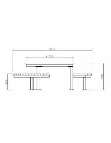 Set composto da un tavolo tondo e tre panchine piane curve in acciaio con legno di pino - cm 221,7x221,7x75h