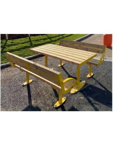 Set composto da tavolo + 2 panchine con schienale,struttura in acciaio e doghe in legno di pino - Lunghezza cm 150
