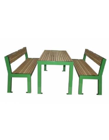 Set composto da tavolo + 2 panchine con schienale, struttura acciaio ,seduta e piano in legno di pregio - Lunghezza cm 180