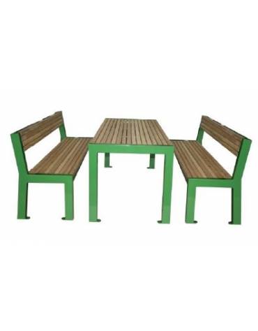Set composto da tavolo + 2 panchine con schienale, struttura acciaio ,seduta e piano in legno di pino - Lunghezza cm 180