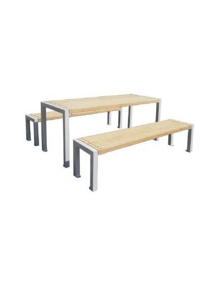 Set composto da tavolo + 2 panchine senza schienale, struttura acciaio ,seduta e piano in legno di pregio - Lunghezza cm 180