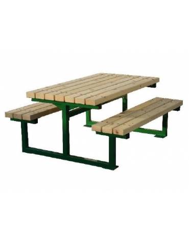 Set composto da tavolo + 2 panchine senza schienale, struttura unica in acciaio con legno di pregio - cm 200x196,8x88,4h