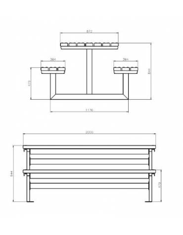 Set composto da tavolo + 2 panchine senza schienale, struttura unica in acciaio con legno di pregio - cm 200x196,8x88,4h