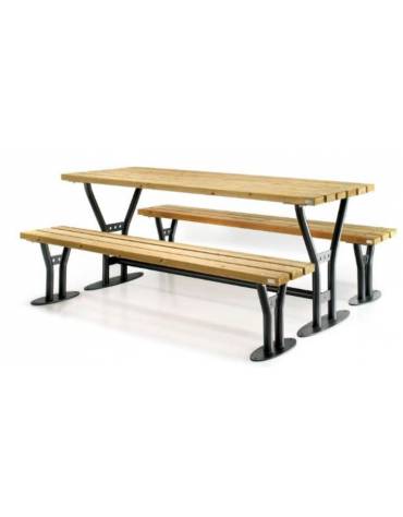 Set composto da tavolo + 2 panchine con schienale in legno di pregio, struttura in acciaio verniciato - cm 200x190x80h