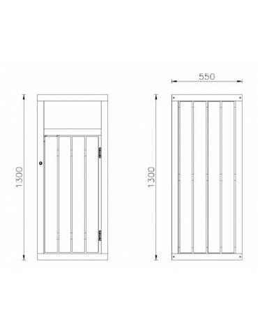 Cestino portarifiuti di forma quadra ,in acciaio zincato e verniciato, con doghe in legno di pregio, senza porta - cm 55x55x130h