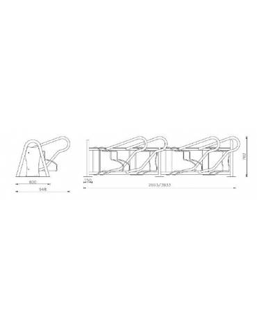 Portabici monofacciale 4 posti con inserimento inclinato a 45°, in acciaio zincato e verniciato. Da tassellare - cm 266,3x94,8x7