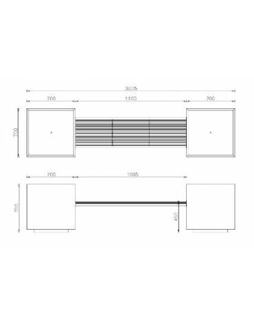 Panchina con fioriere laterali e seduta in legno di pregio, realizzata in acciaio zincato e verniciato - cm 300x70x70h