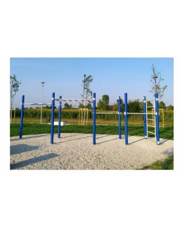 Stazione fitness realizzato in acciaio zincato e verniciato. Attrezzo per il rafforzamento muscolare - cm 749,5x175x299h