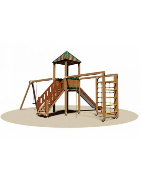 Gioco villaggio in legno per bambini con 1 torretta con tetto, 1 arrampicata, 1 altalena con sedile gabbia - scivolo tunnel