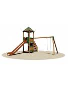 Torretta in legno con tetto - scivolo tunnel - 1 altalena con sedile a gabbia - cm 455x535x395h