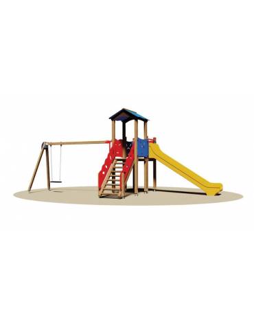 Gioco Torretta in legno - con altalena, sedile a gabbia - Scivolo a tunnel- cm 712x320x315h