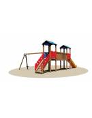 Villaggio a 2 torrette con tetto - altalena sedile a gabbia - scivolo tunnel - cm 818x445x315h