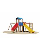 Villaggio a 2 torrette, 1 arrampicata, 1 altalena sedile a gabbia - scivolo tunnel - cm 712x517x315h