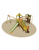 Villaggio per bambini 2 torrette, 1 arrampicata e 1 altalena sedile gabbia - scivolo tunnel - cm 615x700x350h