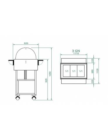 Carrello caldo bagnomaria in legno, con cupola - Temperatura +30 / +90°C - 3xGN1/1 - colore Bianco - cm 111x112x125h