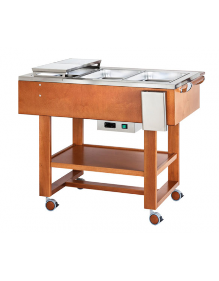 Carrello caldo bagnomaria in legno per bolliti e arrosti, Temp. +30 / +90°C - 3xGN1/1 - colore Laccato Bianco - cm 123x65x95h