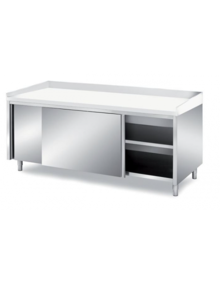 TAVOLO INOX PANETTERIA ARMADIATO CON ANTE SCORREVOLI - CON PIANO E ALZATINE IN POLIETILENE - CM. 160X90X85H