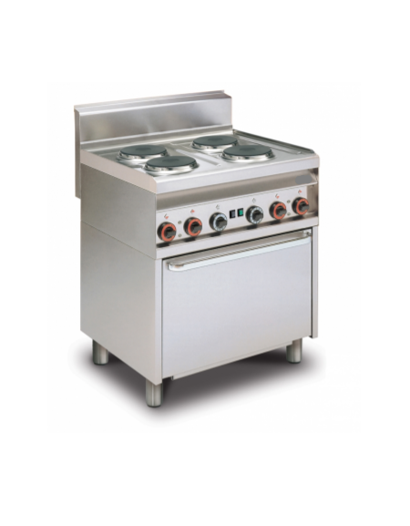 Cucina elett. trifase-11.11kw, 4 piastre su forno elett. con camera cm 64x37x35h multifunzione, porta cieca inox - cm 80x65x87h