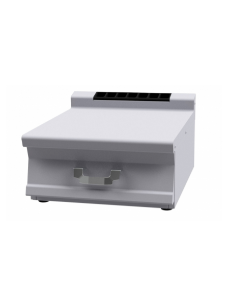 Piano di lavoro da banco inox AISI 304 con alzatina posteriore, 1 cassetto, 1 bacinella inox cm 49x50x15h - cm tot. 60x70,5x28h