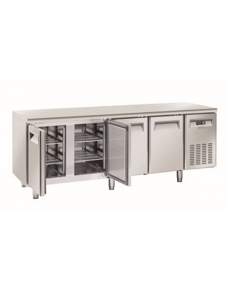 Tavolo refrigerato 4 porte, in acciaio inox AISi 304, refrigerazione ventilata - 223x70x86h