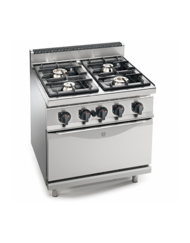 Cucina a gas ALTA POTENZA - 4 fuochi da 7 kw - con forno a gas GN 2/1 - cm 80x70x85/90h