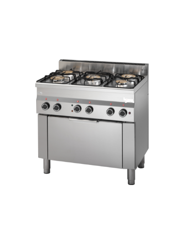 Cucina gas 5 fuochi, forno elettrico a convezione gn 1/1, porta in acciaio - cm 90x60x85h