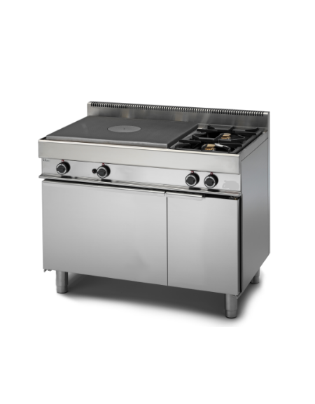 Cucina a gas 2 fuochi + tuttapiastra, con forno  a gas e armadio neutro - 1 bruciatore da 8,2 kw - potenza totale 21,8 Kw - cm 1