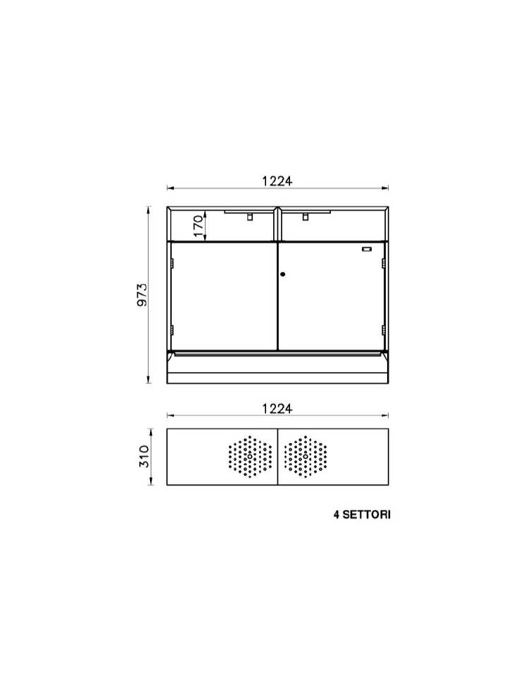 Cestino per raccolta differenziata a 4 settori da Lt 120, in acciaio  zincato e verniciato, con copertura - cm 122,4x31x97,3h